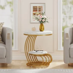 Tribesigns End & Side Tables*Round End Table, 2 Tiers Faux Marble Side Table with Storage Shelf