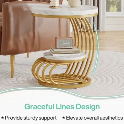 Tribesigns End & Side Tables*Round End Table, 2 Tiers Faux Marble Side Table with Storage Shelf