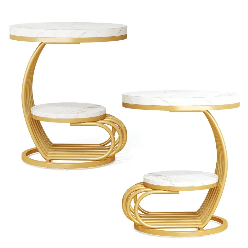 Tribesigns End & Side Tables*Round End Table, 2 Tiers Faux Marble Side Table with Storage Shelf