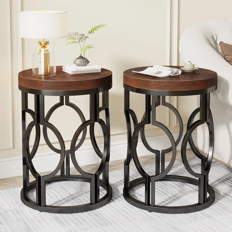 Tribesigns End & Side Tables*Round End Table, Industrial Side Table with Metal Hollow Frame