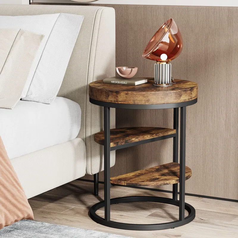 Tribesigns End & Side Tables*Round End Table, Small Side Table Nightstand with 3 - Tier Shelves