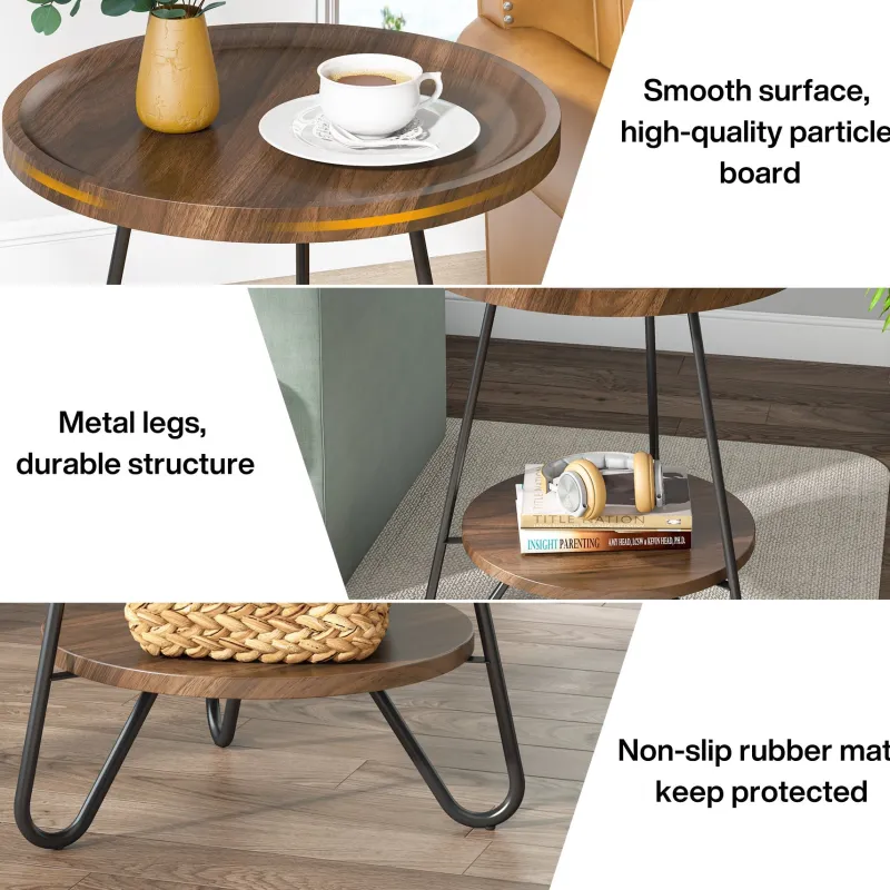 Tribesigns End & Side Tables*Round End Table, 2-Tier Side Table Accent Table with Metal Legs