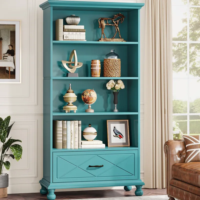 Tribesigns Etagere|Etagere*6-Shelf Bookcase with Drawer, 71" Bookshelf with Solid Wood Legs