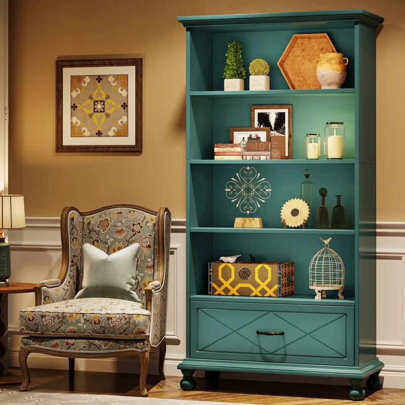 Tribesigns Etagere|Etagere*6-Shelf Bookcase with Drawer, 71" Bookshelf with Solid Wood Legs