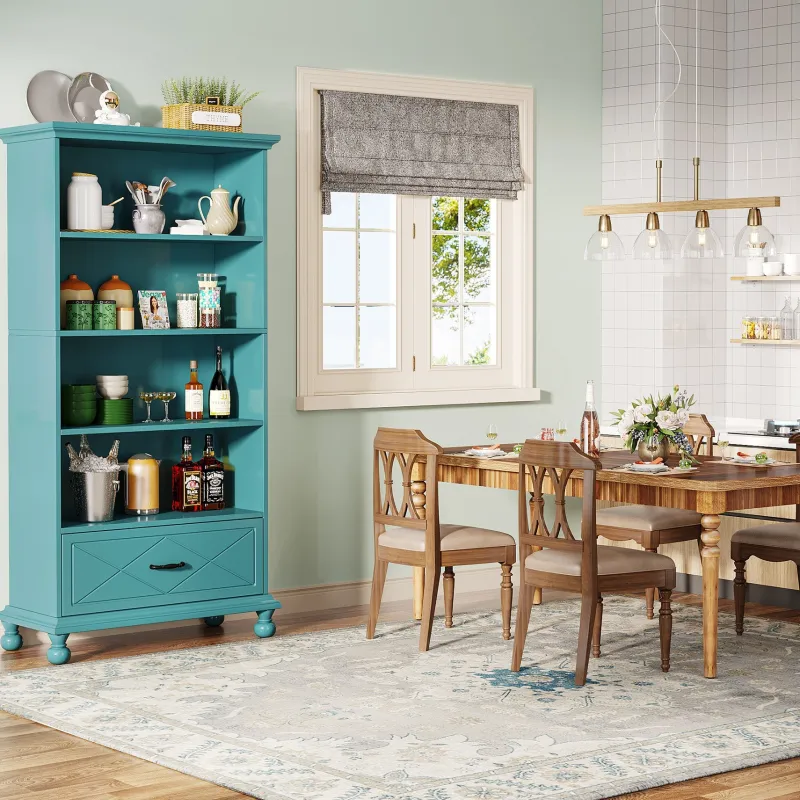 Tribesigns Etagere|Etagere*6-Shelf Bookcase with Drawer, 71" Bookshelf with Solid Wood Legs