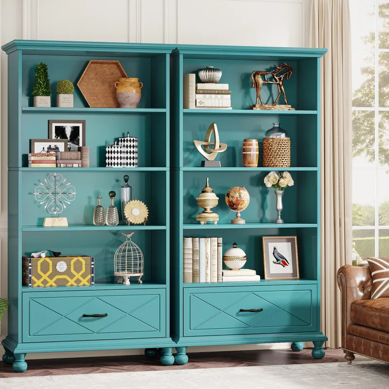 Tribesigns Etagere|Etagere*6-Shelf Bookcase with Drawer, 71" Bookshelf with Solid Wood Legs