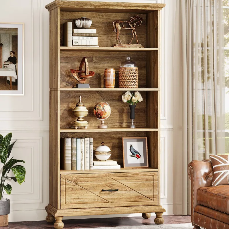Tribesigns Etagere|Etagere*6-Shelf Bookcase with Drawer, 71" Bookshelf with Solid Wood Legs
