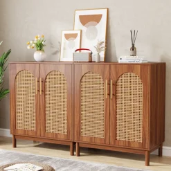 Tribesigns Sideboards & Buffets|Sideboards & Buffets*Sideboard Buffet Set of 2, Accent Rattan Storage Cabinet with Doors