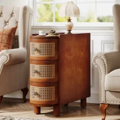 Tribesigns Nightstands*Solid Wood End Table, 3 - Drawer Side Table NightStand with 3 Rattan Drawers