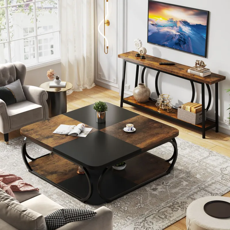 Tribesigns Coffee Tables*Square Coffee Table, 39" Central Cocktail Table with 2-Tier Shelves