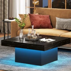 Tribesigns Coffee Tables*Square Coffee Table, Farmhouse Wood Cocktail Table with LED Light