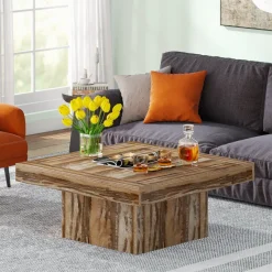 Tribesigns Coffee Tables*Square Coffee Table, Farmhouse Wood Cocktail Table with LED Light