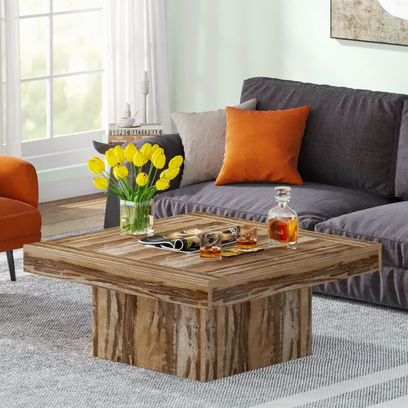 Tribesigns Coffee Tables*Square Coffee Table, Farmhouse Wood Cocktail Table with LED Light