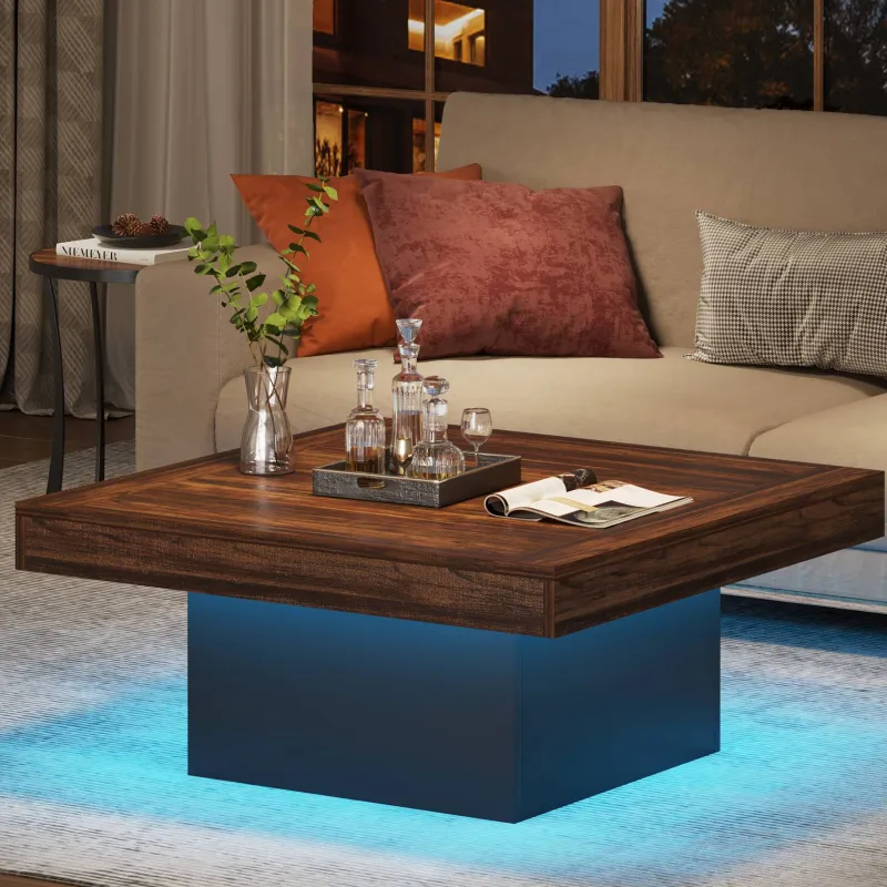 Tribesigns Coffee Tables*Square Coffee Table, Farmhouse Wood Cocktail Table with LED Light