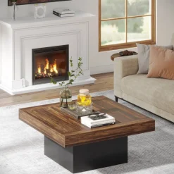 Tribesigns Coffee Tables*Square Coffee Table, Farmhouse Wood Cocktail Table with LED Light