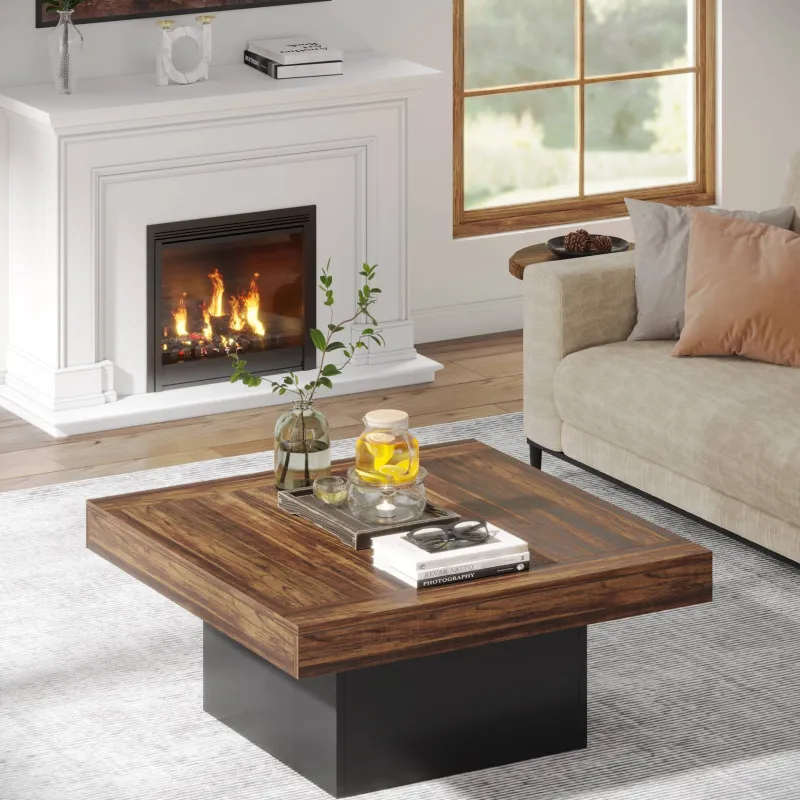Tribesigns Coffee Tables*Square Coffee Table, Farmhouse Wood Cocktail Table with LED Light