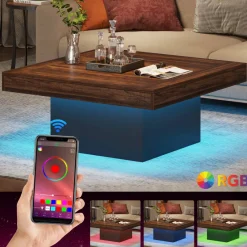Tribesigns Coffee Tables*Square Coffee Table, Farmhouse Wood Cocktail Table with LED Light