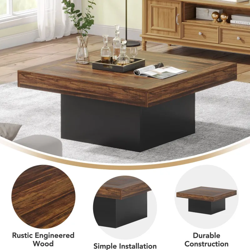 Tribesigns Coffee Tables*Square Coffee Table, Farmhouse Wood Cocktail Table with LED Light