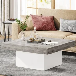 Tribesigns Coffee Tables*Square Coffee Table, Farmhouse Wood Cocktail Table with LED Light