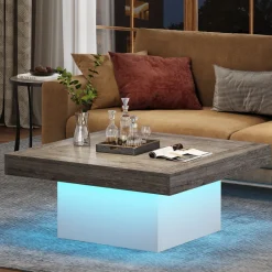 Tribesigns Coffee Tables*Square Coffee Table, Farmhouse Wood Cocktail Table with LED Light