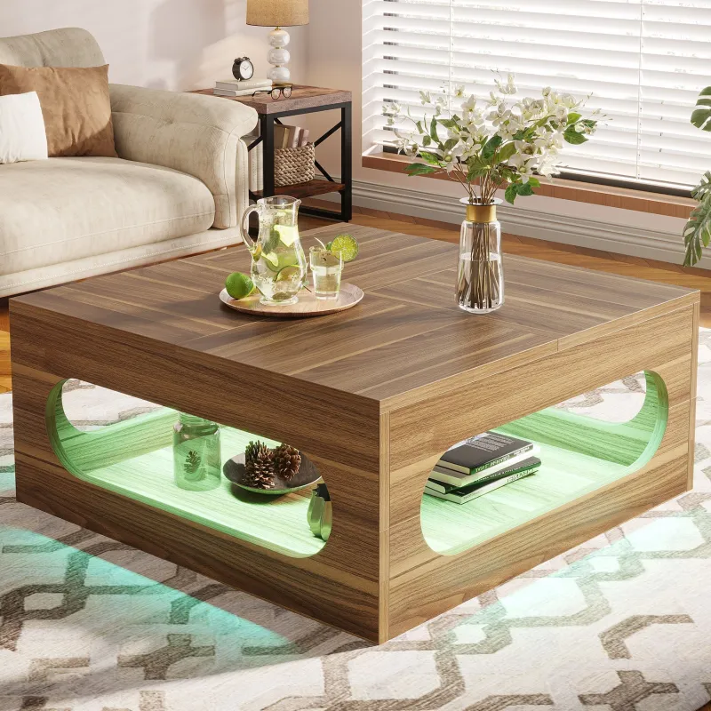 Tribesigns Coffee Tables*2-Tier Coffee Table, Wood Square Center Tea Table with LED Strip Light