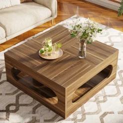 Tribesigns Coffee Tables*2-Tier Coffee Table, Wood Square Center Tea Table with LED Strip Light