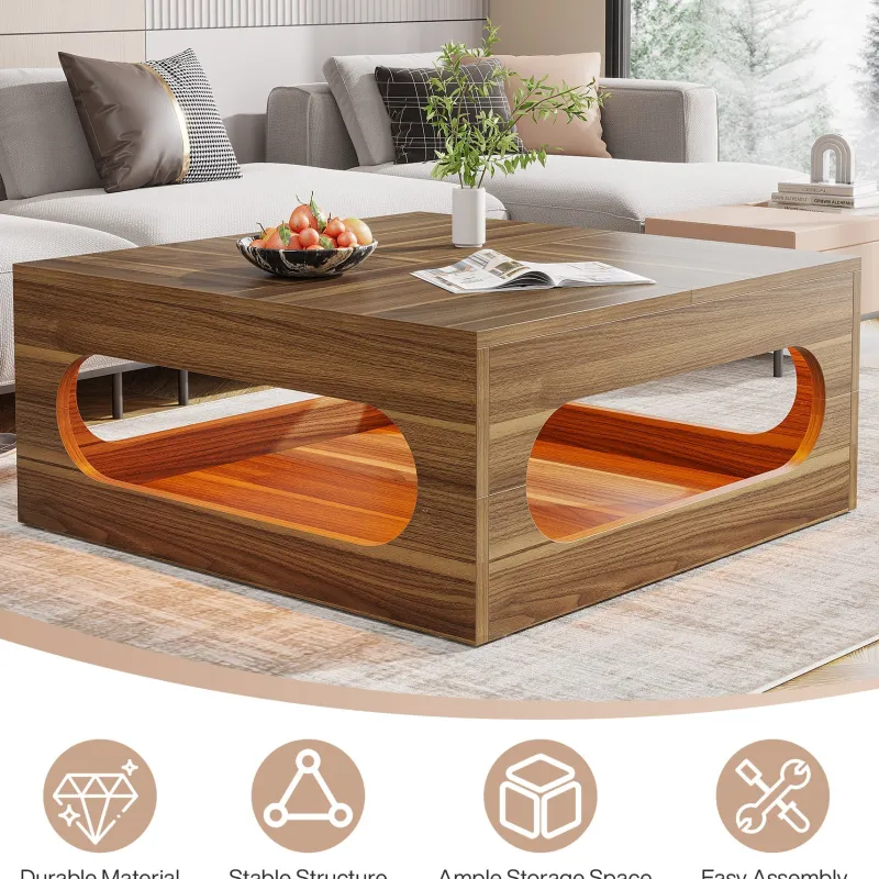 Tribesigns Coffee Tables*2-Tier Coffee Table, Wood Square Center Tea Table with LED Strip Light
