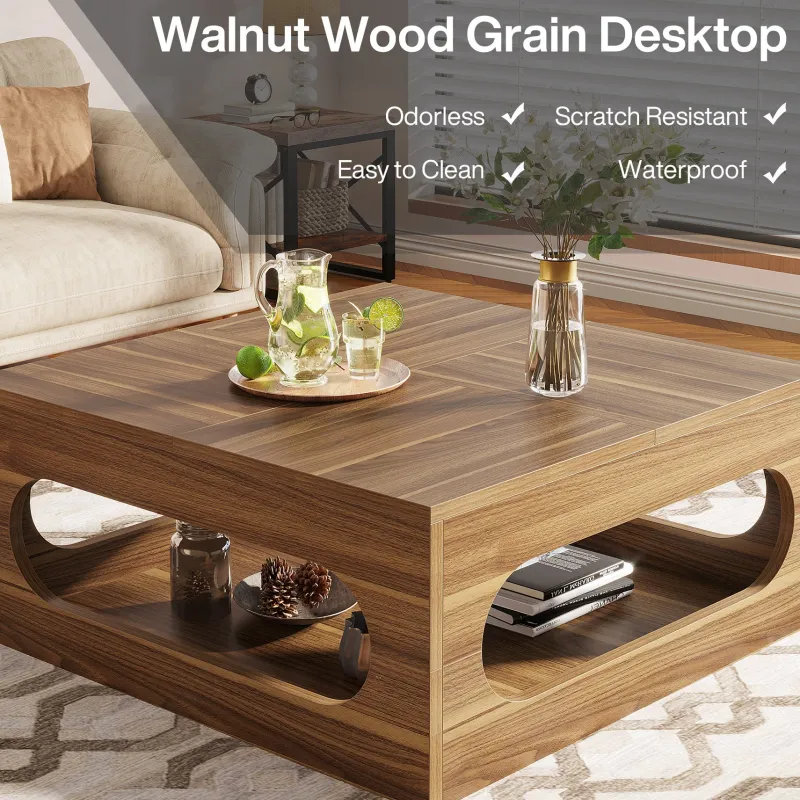 Tribesigns Coffee Tables*2-Tier Coffee Table, Wood Square Center Tea Table with LED Strip Light