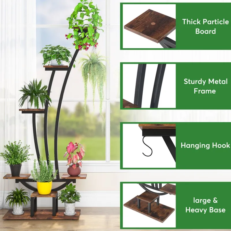 Tribesigns Plant Stands|Plant Stands*6-Tier Plant Stand Pack of 2, Metal Curved Display Shelf with 2 Hanging Hooks