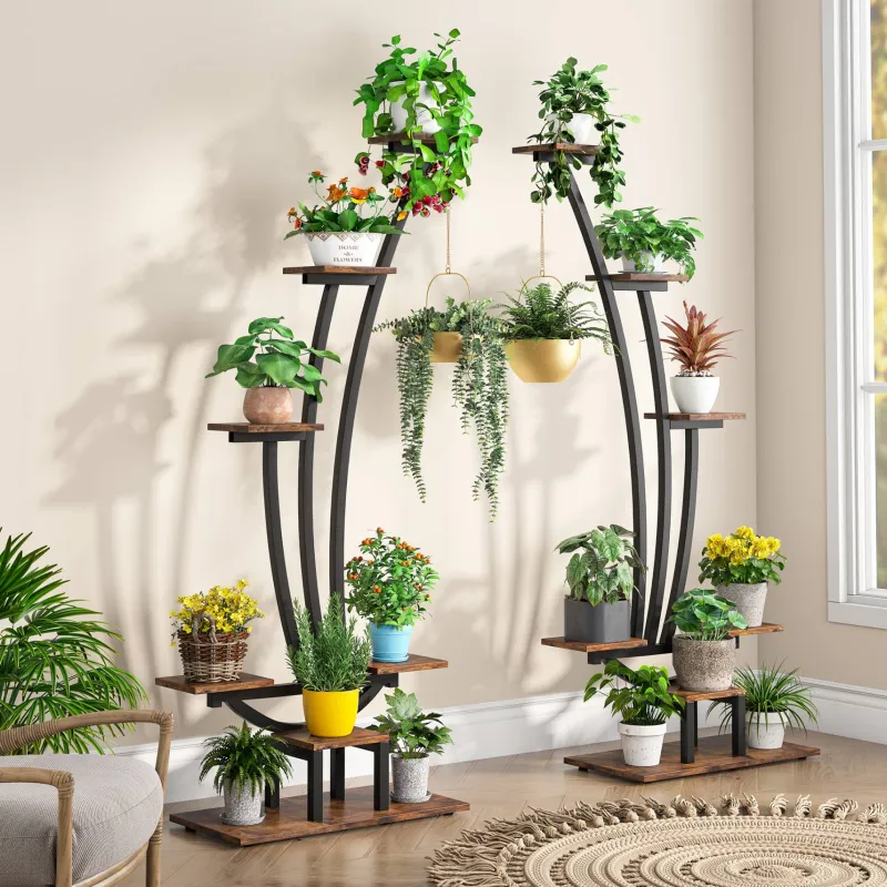 Tribesigns Plant Stands|Plant Stands*6-Tier Plant Stand Pack of 2, Metal Curved Display Shelf with 2 Hanging Hooks