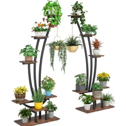 Tribesigns Plant Stands|Plant Stands*6-Tier Plant Stand Pack of 2, Metal Curved Display Shelf with 2 Hanging Hooks