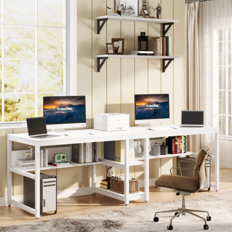 Tribesigns Desks*Two Person Desk, 78.7" Computer Double Desk with Bookshelf