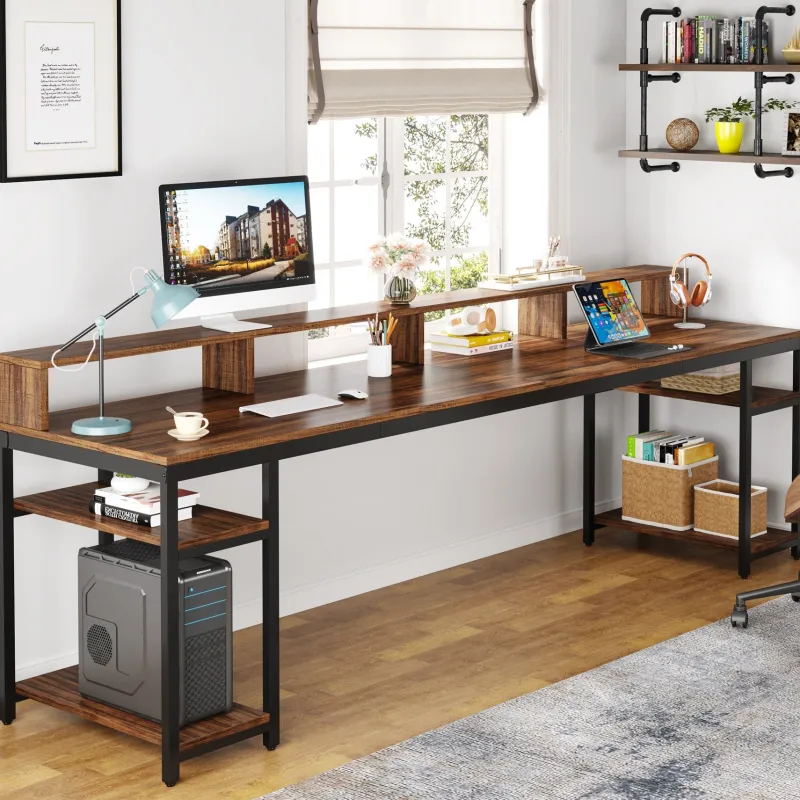 Tribesigns Desks*Two Person Desk, 78.7" Computer Desk With Monitor Stand and 4 Open Shelf