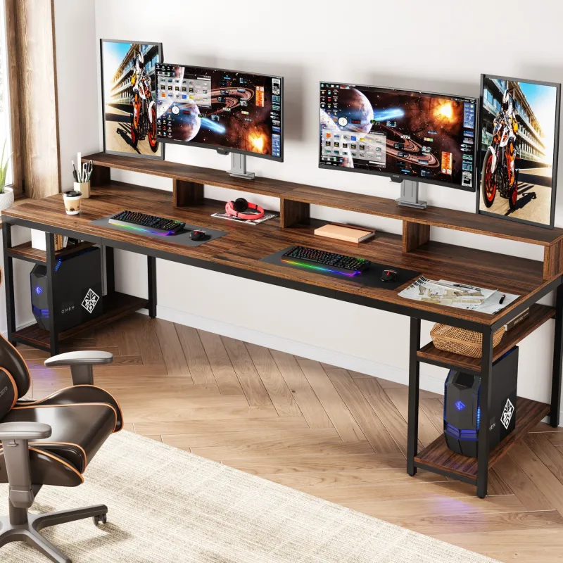 Tribesigns Desks*Two Person Desk, 78.7" Computer Desk With Monitor Stand and 4 Open Shelf