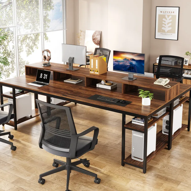 Tribesigns Desks*Two Person Desk, 78.7" Computer Desk With Monitor Stand and 4 Open Shelf