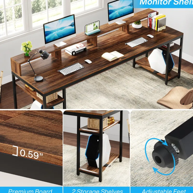Tribesigns Desks*Two Person Desk, 78.7" Computer Desk With Monitor Stand and 4 Open Shelf