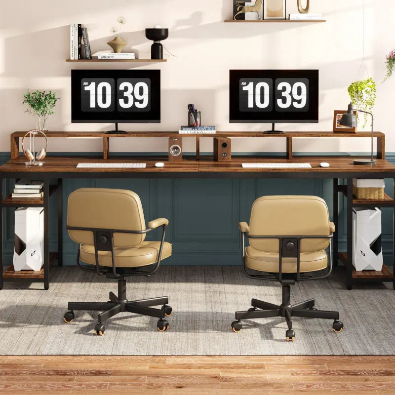Tribesigns Desks*Two Person Desk, 78.7" Computer Desk With Monitor Stand and 4 Open Shelf