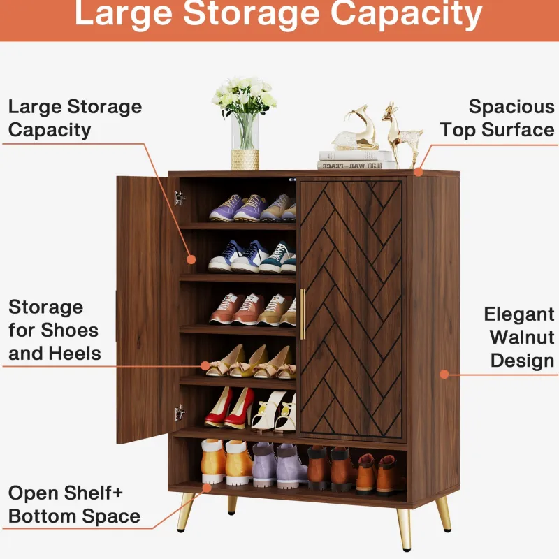 Tribesigns Shoe Racks & Cabinets|Shoe Racks & Cabinets*Walnut Shoe Cabinet, 6-Tier Wooden Shoe Organizer with Adjustable Shelves