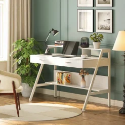 Tribesigns Desks*White Computer Desk, 47" Writing Desk with Storage Shelf & Drawers