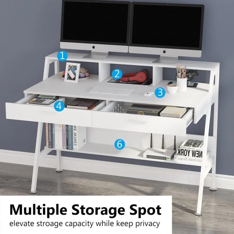 Tribesigns Desks*White Computer Desk, 47" Writing Desk with Storage Shelf & Drawers