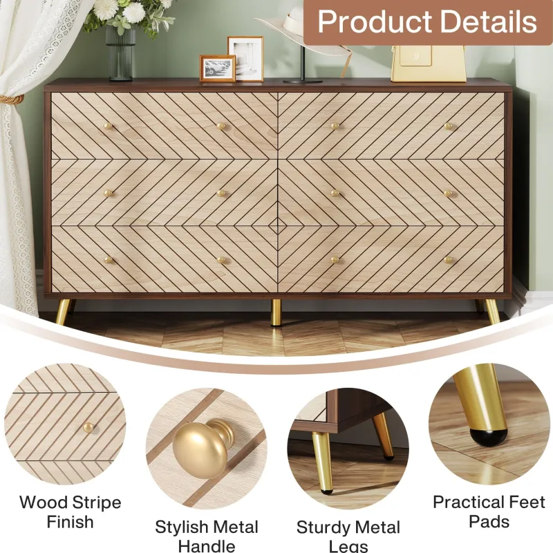 Tribesigns Chests Of Drawers*Wood 6 Drawer Chest, Storage Cabinet Dresser with Metal Legs