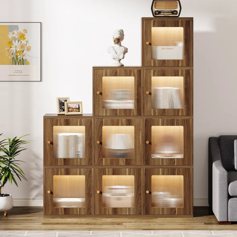 Tribesigns Bookcases & Bookshelves|Bookcases & Bookshelves*Wood Bookshelf, 63" High Bookcase Etagere 9 Cubes With LED Lights