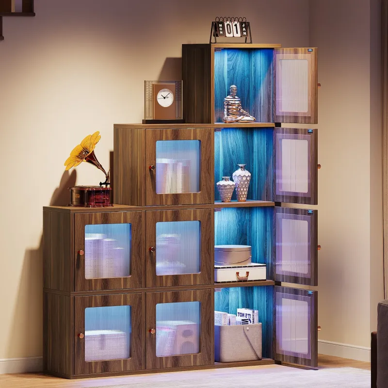 Tribesigns Bookcases & Bookshelves|Bookcases & Bookshelves*Wood Bookshelf, 63" High Bookcase Etagere 9 Cubes With LED Lights