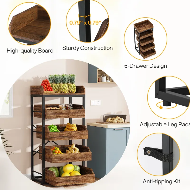 Tribesigns Baker's Racks|Baker's Racks*Wood Fruit and Vegetable Storage Rack Basket Stand with 5 Drawers