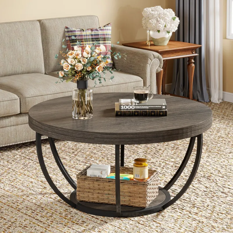 Tribesigns Coffee Tables*Wooden Coffee Table, 2-Tier Round Central Cocktail Table with Shelves