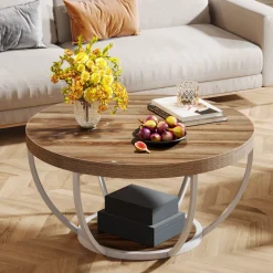 Tribesigns Coffee Tables*Wooden Coffee Table, 2-Tier Round Central Cocktail Table with Shelves