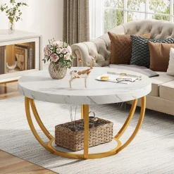 Tribesigns Coffee Tables*Wooden Coffee Table, 2-Tier Round Central Cocktail Table with Shelves