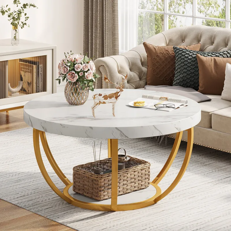 Tribesigns Coffee Tables*Wooden Coffee Table, 2-Tier Round Central Cocktail Table with Shelves