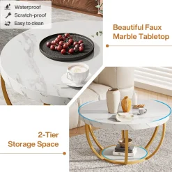 Tribesigns Coffee Tables*Wooden Coffee Table, 2-Tier Round Central Cocktail Table with Shelves