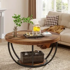 Tribesigns Coffee Tables*Wooden Coffee Table, 2-Tier Round Central Cocktail Table with Shelves